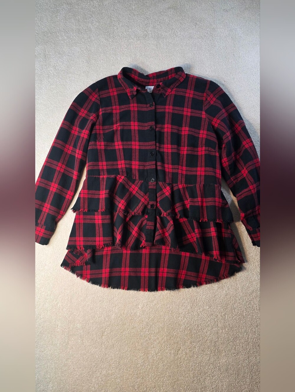 Plaid Ruffled Flannel Black/Red Oversized Raw Hem High Low Grunge Revival 12 (L)